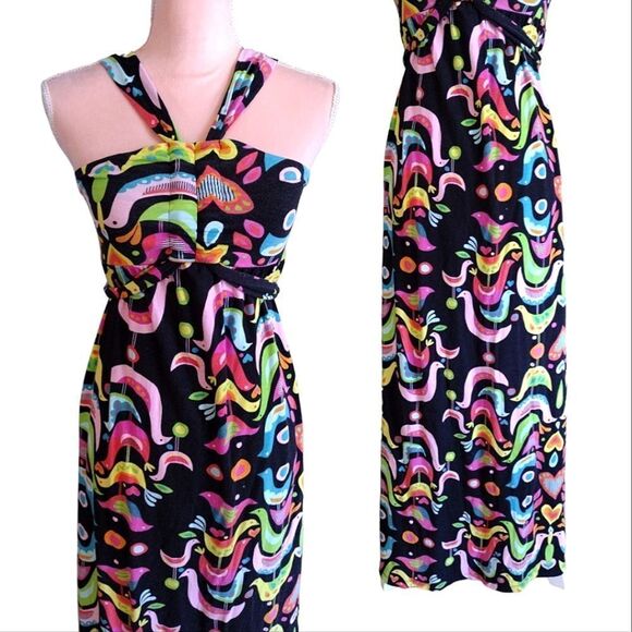 VTG 90s Black Colorful Birds Folk Art Print Sleeveless Halter Maxi Dress Small - Picture 7 of 17